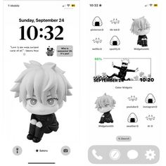 an iphone app with anime character stickers on the front and back side, showing various items