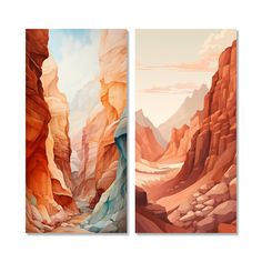 two paintings of canyons in the desert, one is orange and the other is blue