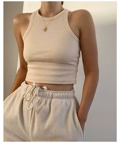 ribbed knitted tank top high neck knitted sleeveless top workout knit tank top womens rib knit tank going out cropped tank top #cropped #goingouttop #goingouttank #croptank #tanktop #knittank Nude Outfits, Pastel Outfit, Lounge Outfit, Beige Outfit, Tank Top Outfits, Looks Street Style, Mode Inspo, Mode Vintage, Looks Style