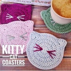 three crocheted coasters with cats on them and a cup of coffee in the middle