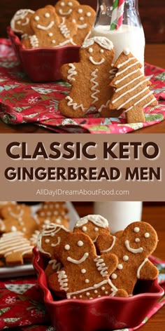 gingerbread cookies with icing in a red bowl and on a floral cloth next to a bottle of milk