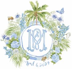 a blue and white floral wreath with the monogrammed initials on it, surrounded by palm trees