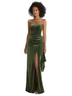 Strapless Velvet Maxi Bridesmaid Dress With Draped Cascade Skirt | The Dessy Group Fitted Velvet Floor-length Evening Dress, Fitted Strapless Velvet Dress, Glamorous Velvet Evening Dress With Fitted Bodice, Fitted Velvet Strapless Dress, Velvet Floor-length Dress With Fitted Bodice, Velvet Floor-length Evening Gown, Strapless Velvet Prom Dress, Strapless Velvet Dress For Prom, Fitted Bodice Velvet Dress For Gala