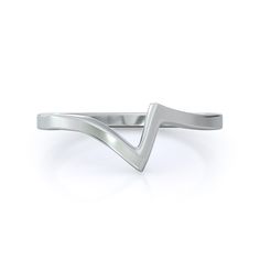 a silver ring with a curved design on the top and bottom, set against a white background