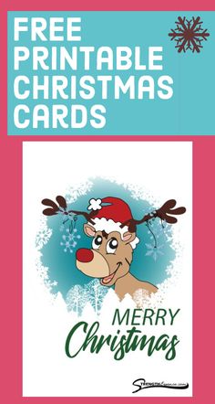 a christmas card with an image of a reindeer wearing a santa hat and the words merry christmas