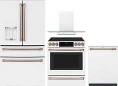 a white kitchen with gold trimmings and an oven, refrigerator, microwave, dishwasher and stove