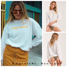 Summer Mckeen X Billabong Collection Features: Summer Mckeen X Billabong Collection Womens Crew Fleece Pullover. Relaxed Fit. Long Sleeves. Crew Neck. “Stay Sunny” Print At Chest. Material: Cotton Jersey. New With Tags Trendy White Long Sleeve Sweatshirt, White Graphic Print Sweatshirt For Everyday, Trendy White Sweatshirt, White Text Print Sweatshirt For Loungewear, White Letter Print Cozy Top, Cozy White Tops With Letter Print, Cozy White Sweatshirt With Graphic Print, Trendy White Everyday Sweatshirt, Relaxed Fit Cotton Sweatshirt For Day Out