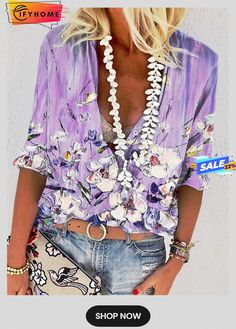 Women's Shirt Blouse Blue Purple Green Floral Button Print Long Sleeve Casual Holiday Basic V Neck Regular Floral S Spring Beach Blouse With Button Closure, Spring Beach Blouse With Buttons, Spring Purple V-neck Shirt, Summer Purple Shirt With Button Closure, Casual Purple Blouse With Buttons, Purple V-neck Summer Shirt, Beach Purple Printed Blouse, Purple V-neck Blouse For Summer, Spring Vacation Purple Blouse