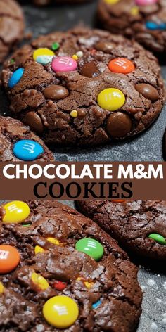 chocolate m & m cookies with m and m candies in the middle on a baking sheet