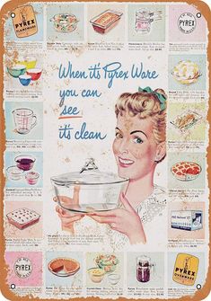 an advertisement for frying pans from the 1950's, featuring a woman holding a bowl