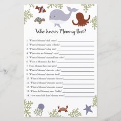 a printable baby shower game with an octopus and whale on the bottom, which says who knows mommy best?