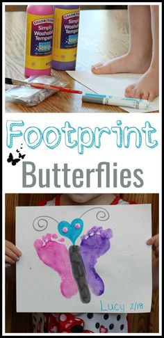 a child's hand holding up a paper plate with footprints and butterflies on it