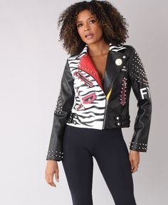 For Her NYC 81769 1 Piece Fearless Graffiti Leather Jacket Color: Black Multi Sizes: S, M, L, XL, 1X, 2X Black Spring Biker Jacket For Streetwear, Black Biker Jacket For Spring Streetwear, Spring Streetwear Black Leather Jacket, Bold Fitted Long Sleeve Outerwear, Edgy Black Fall Outerwear, Black Punk Leather Jacket For Spring, Spring Black Biker Outerwear, Edgy Black Outerwear For Fall, Trendy Black Biker Jacket For Spring