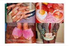 an open book with pictures of women's feet and food on it, including pink slippers