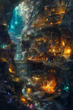 an artistic rendering of a fantasy city in the middle of a mountain with lots of lights