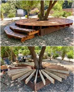 two pictures show the different stages of building a treehouse and how to build it