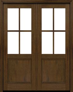 a double door with two sidelights on the top and bottom panel, in dark wood