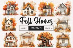 the fall homes clipart set includes houses, trees, and leaves in watercolor