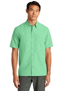 Short Sleeve UV Daybreak Shirt - BRIGHT SEAFOAM - XL | Port Authority Short Sleeve UV Daybreak Shirt in Bright Seafoam Size XL | Polyester Denim Shirt Men, Port Authority, Poplin Shirt, Work Shirts, Button Down Collar, Hook And Loop, Relaxed Style, Denim Shirt, Shirt Men