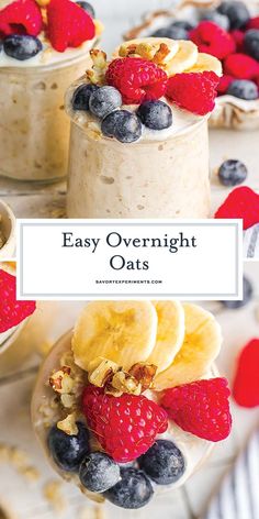 overnight oats with bananas, raspberries and blueberries in the background text overlay reads easy overnight oats