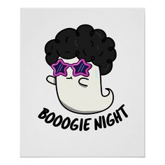 a poster with the words boogie night in black hair and sunglasses on it's face