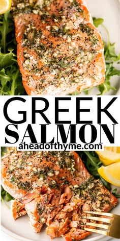 two pictures of salmon with herbs and lemons on the side, one has a fork in it