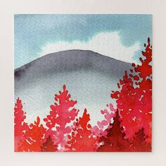 a painting of red trees with a mountain in the background