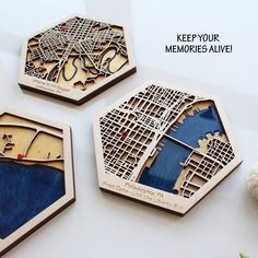 three wooden coasters with the words keep your memories alive on them, and an image of a city