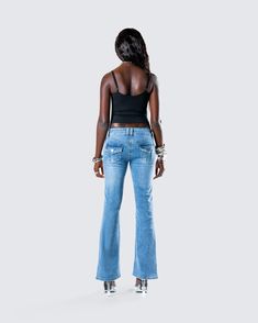 We love a little Y2Slay moment 💅 Featuring a black cami top paired with blue denim patch pocket jeans - this simple yet chic two-piece set can be dressed up or down to match the vibes for any occasion 🖤 Chic Medium Wash Jeans For Night Out, Summer Flare Jeans For Night Out, Summer Denim Flare Jeans For Night Out, Fitted Flare Jeans For Night Out, Trendy Summer Flare Jeans For Night Out, Casual Flare Jeans For Summer Nights Out, Casual Denim Jeans For Night Out, Casual Dark Wash Jeans For Night Out, Casual Cotton Jeans For Night Out