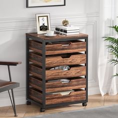 a wooden drawer with several drawers on it and a chair in the corner next to it