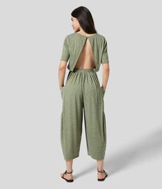 Backless Plicated Side Pocket Relax Casual Jumpsuit Business Attire Women, Yarn Sizes, Bleach Wash, Casual Jumpsuit, Business Attire, Side Pocket, Jumpsuits For Women, Lowest Price, Light Green