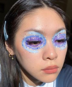 Blue Rave Makeup, Space Eye Makeup, Water Activated Eyeliner Looks, Space Makeup Looks, Pink And Blue Makeup, Cybercore Makeup, Abstract Makeup Looks, About Face Makeup, Universe Makeup