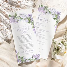 Lilac Wedding Menu template, Purple Baby Bridal shower menu template, Lilac Floral Printable Menu Thank You place card template B001 The Lilac Wedding Menu Template - a beautiful and customizable menu with a stunning purple floral design that's perfect for weddings and other events. This printable menu is fully editable, allowing you to personalize it effortlessly. You can add your own text, change the colors, and even upload your own images to make it truly unique.  The Lilac Wedding Menu Templ Purple Wedding Programs, Bridal Shower Brunch Menu, Thank You Note Template, Bridal Shower Menu, Printable Menu, Lilac Wedding, Wedding Menu Template, Place Card Template, Bridal Shower Brunch