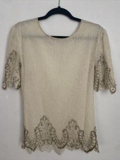 Ivory Vintage Beaded blouse Size L | eBay Thread Craft, Beaded Blouse, Lace Top, Tunic Tops, Thread, Women's Top