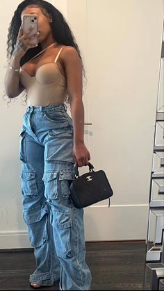 Cargo Pants And Heels Outfit Black Women, Blue Jean Cargo Pants Outfit Black Women, Blazer Baddie Outfits, Bodycon Shirt Outfit, Brown Romper Outfit Black Women, Cute Outfits Black Women Classy, Red Outfits Black Women Streetwear, Underwire Bodysuit Outfit, Bodysuit Baggy Jeans Outfit