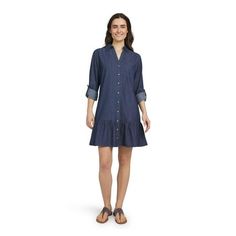 Elevate your summer wardrobe with the Chaps Women's Casual Dress. Effortlessly blending comfort and style, this dress exudes laid-back charm perfect for warm-weather occasions. Crafted with a flowy and lightweight silhouette, it offers a breezy feel ideal for sunny days. The button tab sleeve design and button-up front provide ease of wear, and a variety of looks. Complete with a playful ruffle hem detail, this dress brings a hint of feminine flair to any ensemble. Color: Multicolor.  Gender: fe Casual Ruffled Shirt Dress For Summer, Casual Shirt Dress With Ruffle Hem For Spring, Casual Cotton Ruffles Shirt Dress, Casual Cotton Shirt Dress With Ruffles, Casual Ruffled Shirt Dress For Spring, Summer Cotton Shirt Dress With Ruffles, Casual Mini Dress With Button Closure For Daywear, Casual Mini Dress With Button Closure For Beach, Casual Knee-length Shirt Dress For Vacation