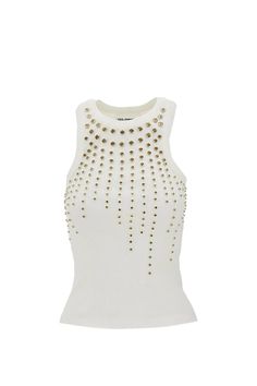 Sleeveless model in total white embellished with contrasting all-over rhinestones Crewneck Regular fitComposition: 100% Cotton Glamorous White Tops With Rhinestones, Glamorous White Embellished Tops, Fitted White Embellished Top, White Embellished Tank Top, White Embellished Sleeveless Tank Top, Embellished Sleeveless White Top, Fitted Rhinestone Tank Top, Elegant Fitted Rhinestone Tank Top, Fendi Wallet On Chain