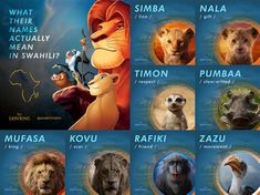 the lion king character poster with all their names in english and spanish, including simba, timon, mufa, raf