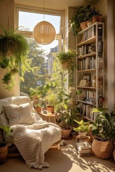 a room filled with lots of potted plants and bookshelves next to a window