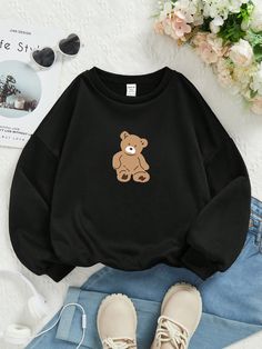 Black Casual Collar Long Sleeve Knitted Fabric Cartoon Pullovers Embellished Slight Stretch  Teen Girls Clothing Cute Sweaters For School, Cute Long Sleeve Shirt, Clothes Teen Girl Cute Outfits, Black Kawaii Hoodie For Fall, Cool Outfits For Teens, Hoodies Shein￼, Cutesy Clothing, Teen Girl Clothes, Black Kawaii Hoodie Sweatshirt