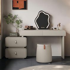 a white table with a mirror, stool and potted plant