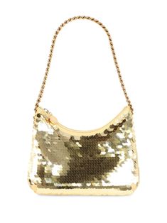 gold-tone recycled polyester blend sequin embellishment chain-link shoulder strap top zip fastening main compartment logo charm internal slip pocket gold-tone hardware This item is made from at least 50% recycled or upcycled materials. For recycled synthetic clothing products, we highly recommend using a microfibre-catching washing bag to ensure that no microplastics that can pollute water are released in the process. Learn more about what makes a product Conscious on our Conscious Criteria page Gold Shoulder Bag, Cute Shoulder Bag, Gold Purse, Glitter Purse, Stella Mccartney Falabella, Sequin Bag, Gold Bag, Strap Tops, Ballet Flat Shoes