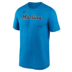 Take any Miami Marlins look to new heights with this New Legend T-shirt. It features a bold team wordmark across the chest and a classic crew neck design for all-day comfort. Step out in striking Miami Marlins style with this Nike shirt. Brand: Nike Dri-FIT technology wicks away moisture Machine wash, tumble dry low Move To Zero is Nike's journey toward zero carbon and zero waste to help protect the future of sport. Apparel labeled sustainable materials is made with at least 55% recycled content Nike Short Sleeve Pre-shrunk Tops, Nike Blue Tops For Fan Merchandise, Blue Crew Neck T-shirt For Fan Gear, Nike Short Sleeve Fan Apparel Top, Nike Short Sleeve Tops For Fans, Nike Blue T-shirt For Sports Events, Pre-shrunk Blue Nike Tops, Nike Blue Fan Apparel Tops, Nike Blue T-shirt With Letter Print