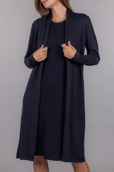 TL33R24 - 100% Cashmere- Lightweight- Hits below the knee- Model is 5'9" and wearing a size Small Navy Winter Cardigan For Layering, Knee-length Cardigan For Fall, Elegant Navy Winter Cardigan, Duster Cardigan, Dress With Cardigan, Every Woman, Sale House, Cashmere, Lounge Wear