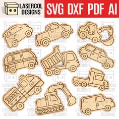 laser cut wood shapes with construction vehicles