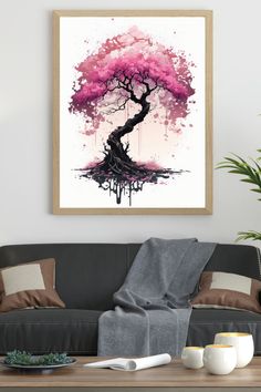 a living room with a couch, coffee table and pink tree painting on the wall