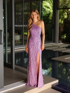 Step out in this incredibly glamorous Primavera dress, style 4133. The form fitting gown is covered in dazzling rays of sequins that will shine from all angles. A one-shoulder neckline with zipper back and leg slit are all the perfect details. Suitable gown for Sorority formal, Gala, prom and much more. Perfect Vision, Sequin Sheath Dress, Graceful Movement, Sequin Prom Dress, Designer Prom Dresses, Beaded Prom Dress, Pageant Gowns, Form Fitting Dress, Prom Girl