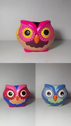 three pictures of colorful owls with big eyes