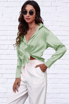 Features: Buttoned Sheer: Opaque Stretch: No stretch Material composition: 100% polyester Care instructions: Machine wash cold. Tumble dry low. Imported Product measurements: S: shoulder 16.8 in, bust 42.1 in, back length 26.5 in, sleeve length 20.7 inM: shoulder 17.6 in, bust 43.7 in, back length 26.9 in, sleeve length 21.1 inL: shoulder 18.7 in, bust 46 in, back length 27.3 in, sleeve length 21.5 inXL: shoulder 19.9 in, bust 48.4 in, back length 27.7 in, sleeve length 21.8 in2XL: shoulder 20.7 Smart Casual Wear, Unique Outfits, Smart Casual, Boutique Clothing, Long Sleeve Shirt, Light Green, Sleeve Shirt, Casual Wear, Care Instructions