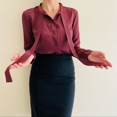 Used In Great Condition. Price Is Firm. As Loved By Our Favorite Boss Lady, Meghan Markle! This Style Means Business. We Love The Tie Worn Draped Casually Open To Showcase The Clavicle, Or Looped In A Relaxed Bow For Buttoned-Up Sophistication. 100% Silk Crepe De Chine With An Attached Nylon/Spandex Panty Featuring A 100% Cotton Hygiene Gusset. Hook And Eye Closure With Three Settings To Adjust For Torso Height. Measurements Laid Flat: Pit To Pit - 18” Sleeves - 23.5” Tags: A-Line Minimalist Neutral Modern Boho Maxi Mini Simple Casual Pastel Crochet Oversized Fringe Plaid Floral Lace Leather Vintage Wool Contemporary Linen Retro Silk Neon Animal Print Abstract Bootcut Boyfriend Cashmer Fitted Button-up Blouse, Fitted Button-up Versatile Blouse, Versatile Fitted Button-up Blouse, Fitted Tie Neck Top For Evening, Versatile Fitted Silk Blouse, Fitted Silk Blouse For Office Wear, Formal Fitted Tie Neck Blouse, Fitted Silk Blouse, Fitted Tie Neck Blouse